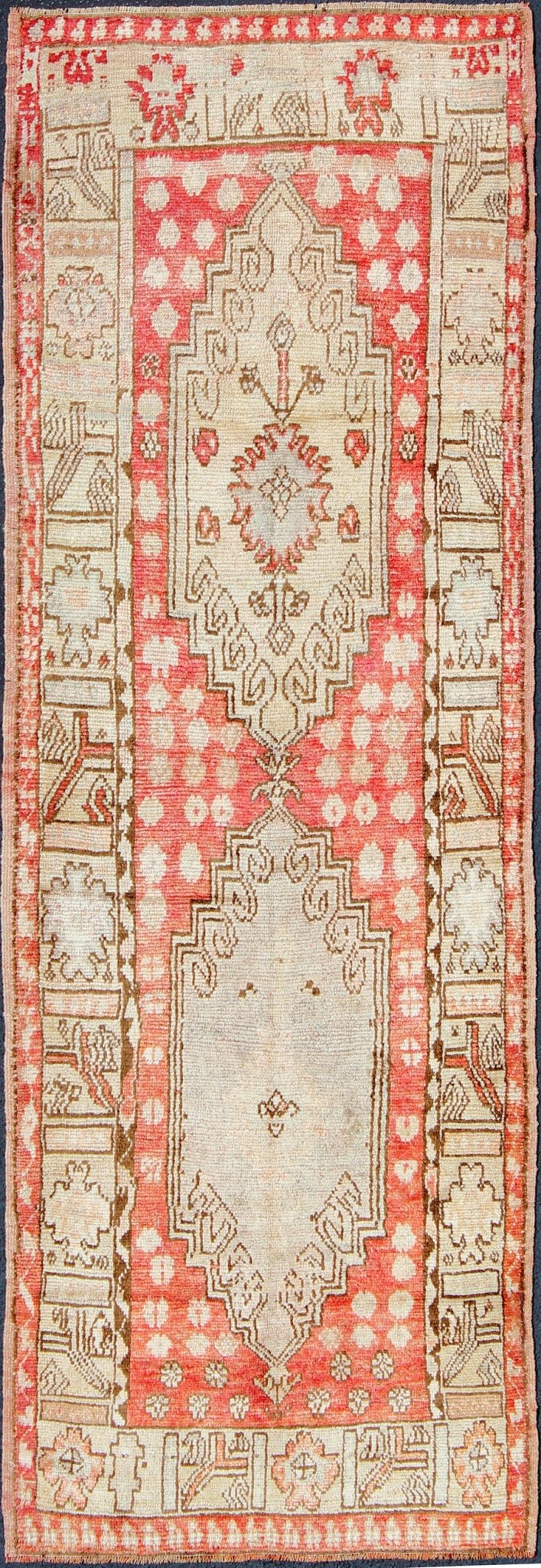 Vintage Hand Knotted Turkish Oushak Runner With Tribal Medallion Design in Muted Red, Brown Vintage Oushak Runner from Turkey with Vertical Dual Medallion Tribal Geometric Design in Various Tones, Keivan Woven Arts / rug en - 165008, country of or... - Keivan Woven ArtsEN - 165008 - 10223Rug