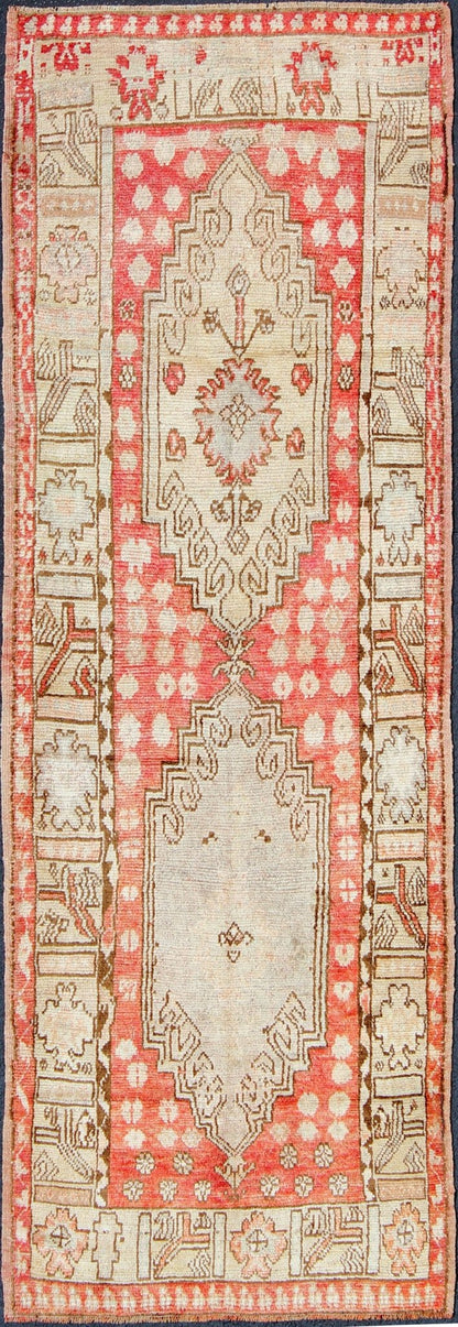 Vintage Hand Knotted Turkish Oushak Runner With Tribal Medallion Design in Muted Red, Brown Vintage Oushak Runner from Turkey with Vertical Dual Medallion Tribal Geometric Design in Various Tones, Keivan Woven Arts / rug en - 165008, country of or... - Keivan Woven ArtsEN - 165008 - 10223Rug