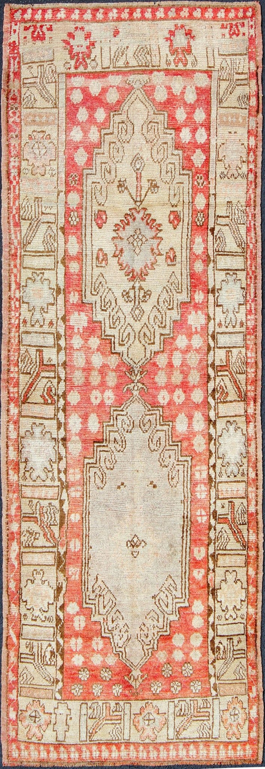 Vintage Hand Knotted Turkish Oushak Runner With Tribal Medallion Design in Muted Red, Brown Vintage Oushak Runner from Turkey with Vertical Dual Medallion Tribal Geometric Design in Various Tones, Keivan Woven Arts / rug en - 165008, country of or... - Keivan Woven ArtsEN - 165008 - 10223Rug
