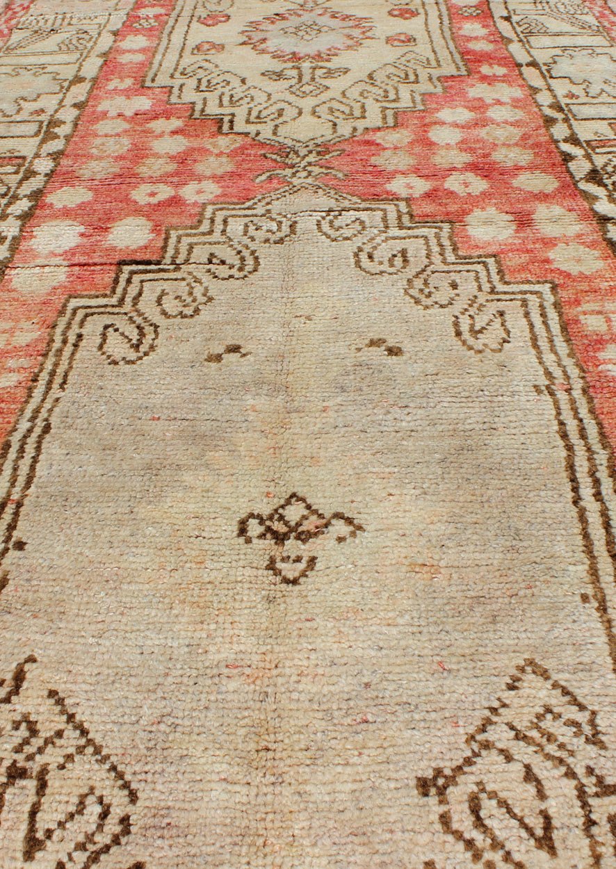 Vintage Hand Knotted Turkish Oushak Runner With Tribal Medallion Design in Muted Red, Brown Vintage Oushak Runner from Turkey with Vertical Dual Medallion Tribal Geometric Design in Various Tones, Keivan Woven Arts / rug en - 165008, country of or... - Keivan Woven ArtsEN - 165008 - 10223Rug