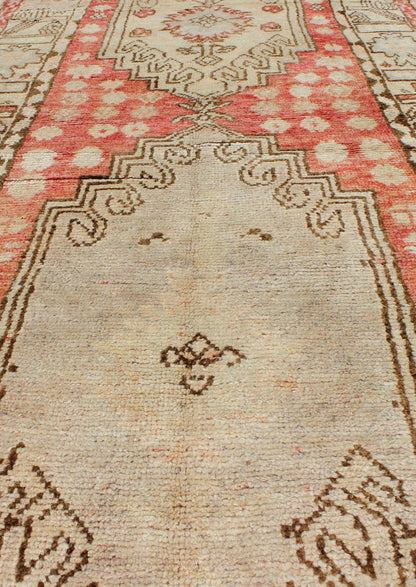 Vintage Hand Knotted Turkish Oushak Runner With Tribal Medallion Design in Muted Red, Brown Vintage Oushak Runner from Turkey with Vertical Dual Medallion Tribal Geometric Design in Various Tones, Keivan Woven Arts / rug en - 165008, country of or... - Keivan Woven ArtsEN - 165008 - 10223Rug