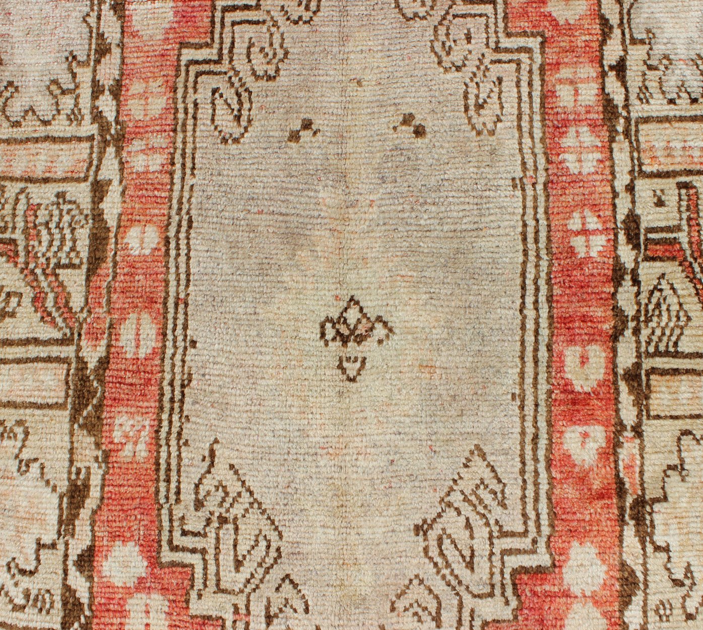Vintage Hand Knotted Turkish Oushak Runner With Tribal Medallion Design in Muted Red, Brown Vintage Oushak Runner from Turkey with Vertical Dual Medallion Tribal Geometric Design in Various Tones, Keivan Woven Arts / rug en - 165008, country of or... - Keivan Woven ArtsEN - 165008 - 10223Rug