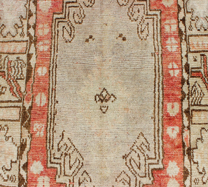 Vintage Hand Knotted Turkish Oushak Runner With Tribal Medallion Design in Muted Red, Brown Vintage Oushak Runner from Turkey with Vertical Dual Medallion Tribal Geometric Design in Various Tones, Keivan Woven Arts / rug en - 165008, country of or... - Keivan Woven ArtsEN - 165008 - 10223Rug