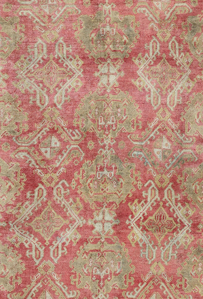 Rose red, light green and pinkish red antique Turkish Oushak rug with flowing design. Keivan Woven Arts / rug EN - 165065, country of origin type: Turkey Oushak, circa 1920. Measures: 11' x 13'7. This Oushak carpet (circa early 20th century) featur... - Keivan Woven ArtsEN - 165065 - 9420Rug