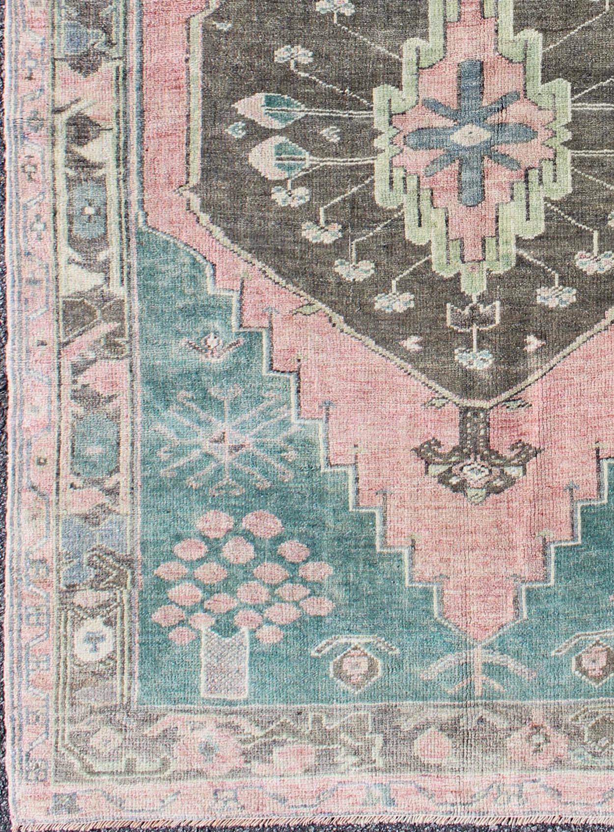 Teal, Brown & Salmon - Colored Vintage Turkish Oushak Rug With Geometric Medallion. Oushak rug vintage from Turkey with medallion and geometric design in teal and salmon, Keivan Woven Arts, rug#EN - 165217, country of origin / type: Turkey / Oushak... - Keivan Woven ArtsEN - 165217 - 9430Rug