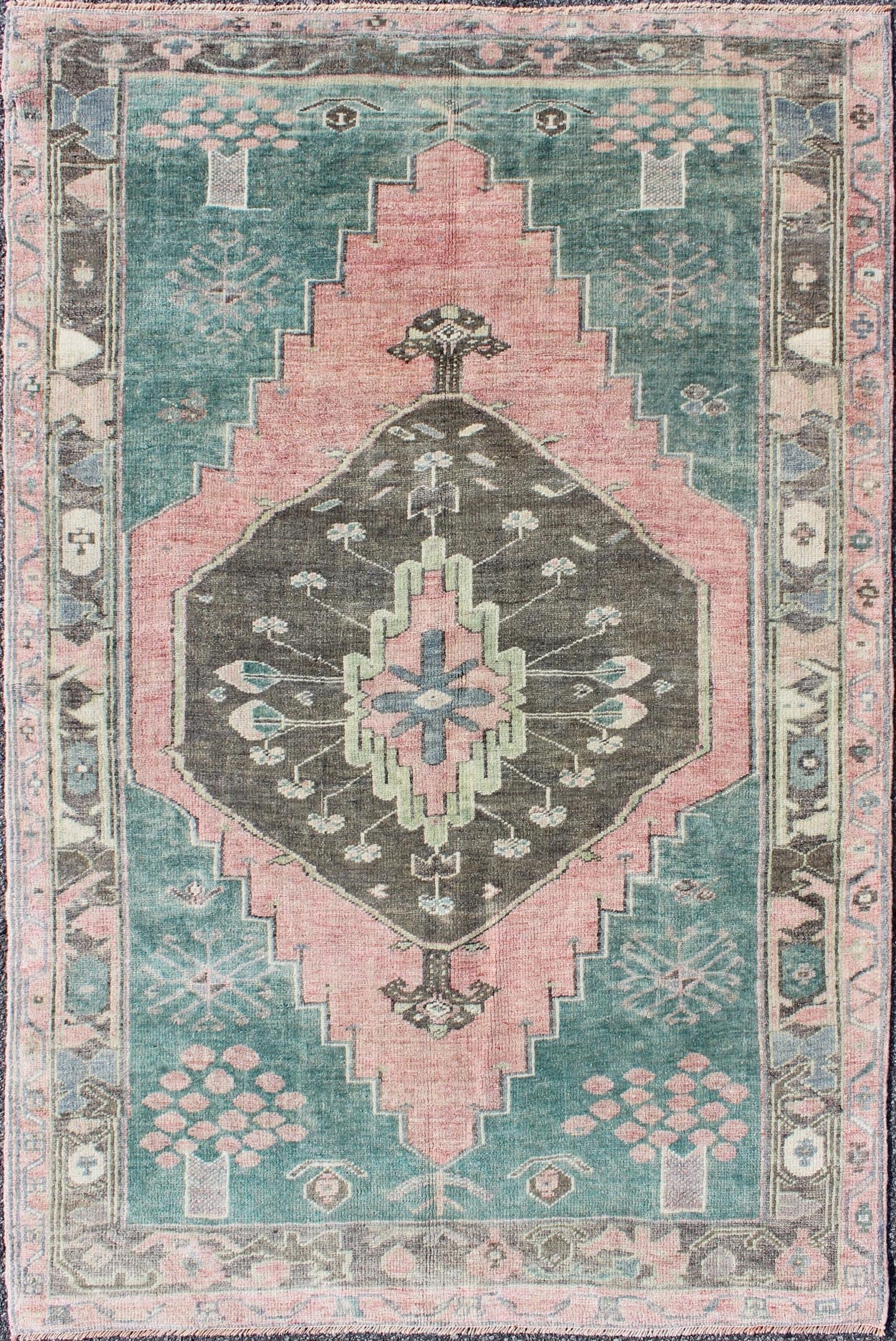 Teal, Brown & Salmon - Colored Vintage Turkish Oushak Rug With Geometric Medallion. Oushak rug vintage from Turkey with medallion and geometric design in teal and salmon, Keivan Woven Arts, rug#EN - 165217, country of origin / type: Turkey / Oushak... - Keivan Woven ArtsEN - 165217 - 9430Rug