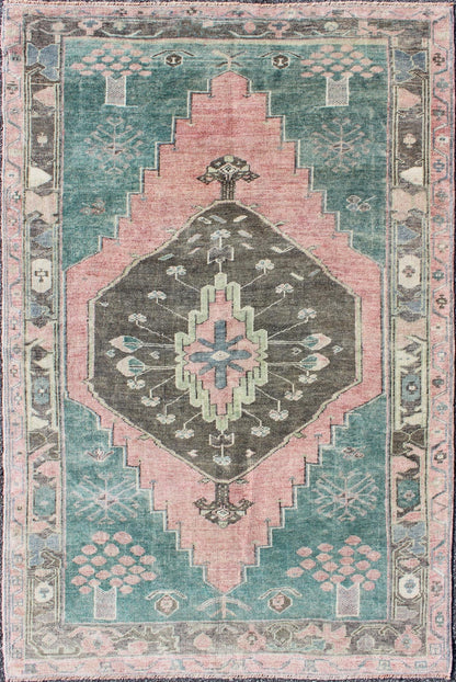 Teal, Brown & Salmon - Colored Vintage Turkish Oushak Rug With Geometric Medallion. Oushak rug vintage from Turkey with medallion and geometric design in teal and salmon, Keivan Woven Arts, rug#EN - 165217, country of origin / type: Turkey / Oushak... - Keivan Woven ArtsEN - 165217 - 9430Rug
