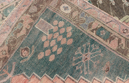 Teal, Brown & Salmon - Colored Vintage Turkish Oushak Rug With Geometric Medallion. Oushak rug vintage from Turkey with medallion and geometric design in teal and salmon, Keivan Woven Arts, rug#EN - 165217, country of origin / type: Turkey / Oushak... - Keivan Woven ArtsEN - 165217 - 9430Rug