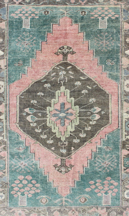 Teal, Brown & Salmon - Colored Vintage Turkish Oushak Rug With Geometric Medallion. Oushak rug vintage from Turkey with medallion and geometric design in teal and salmon, Keivan Woven Arts, rug#EN - 165217, country of origin / type: Turkey / Oushak... - Keivan Woven ArtsEN - 165217 - 9430Rug
