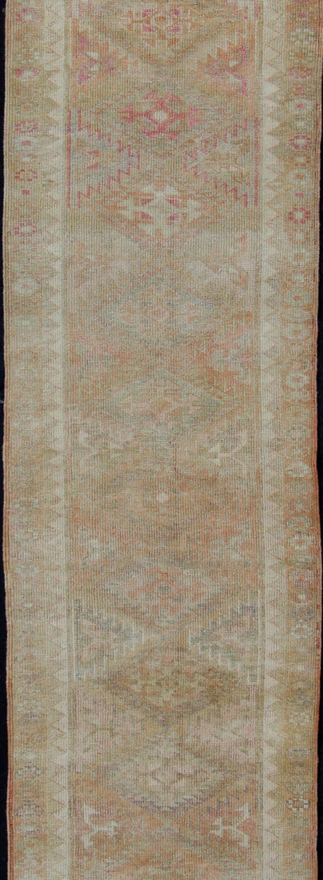 Vintage Turkish Oushak Runner with Geometric Medallion Design in Muted Orange Vintage Oushak runner from Turkey with medallion geometric design in subdued tones, Keivan Woven Arts / rug en - 165288, country of origin / type: Turkey / Oushak, circ... - Keivan Woven ArtsEN - 165288 - 11181Rug