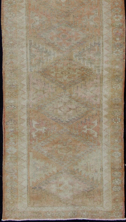 Vintage Turkish Oushak Runner with Geometric Medallion Design in Muted Orange Vintage Oushak runner from Turkey with medallion geometric design in subdued tones, Keivan Woven Arts / rug en - 165288, country of origin / type: Turkey / Oushak, circ... - Keivan Woven ArtsEN - 165288 - 11181Rug