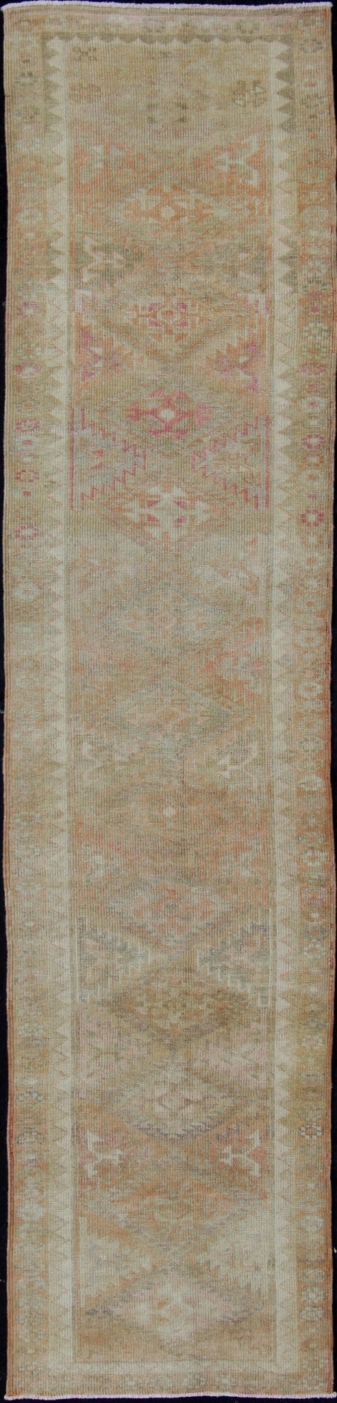Vintage Turkish Oushak Runner with Geometric Medallion Design in Muted Orange Vintage Oushak runner from Turkey with medallion geometric design in subdued tones, Keivan Woven Arts / rug en - 165288, country of origin / type: Turkey / Oushak, circ... - Keivan Woven ArtsEN - 165288 - 11181Rug