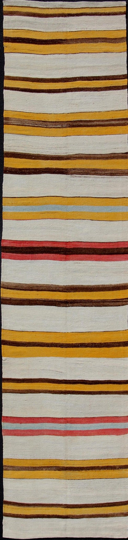 Vintage Colorful Kilim Runner With Stripe Design in Yellow, Ivory, Red & Brown Yellow, Red, Brown, light blue, gray, and Ivory Horizontal Stripe Minimalist Design Flat - Weave Kilim Runner from Turkey, rug en - 165309, country of origin / type: Tur... - Keivan Woven ArtsEN - 165309 - 10946Rug