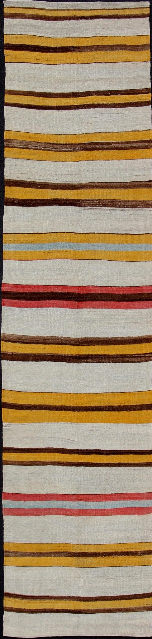 Vintage Colorful Kilim Runner With Stripe Design in Yellow, Ivory, Red & Brown Yellow, Red, Brown, light blue, gray, and Ivory Horizontal Stripe Minimalist Design Flat - Weave Kilim Runner from Turkey, rug en - 165309, country of origin / type: Tur... - Keivan Woven ArtsEN - 165309 - 10946Rug