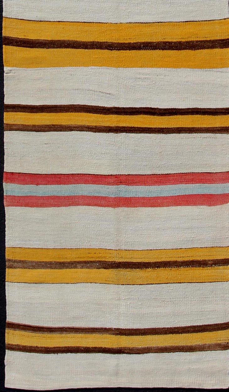 Vintage Colorful Kilim Runner With Stripe Design in Yellow, Ivory, Red & Brown Yellow, Red, Brown, light blue, gray, and Ivory Horizontal Stripe Minimalist Design Flat - Weave Kilim Runner from Turkey, rug en - 165309, country of origin / type: Tur... - Keivan Woven ArtsEN - 165309 - 10946Rug