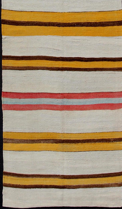 Vintage Colorful Kilim Runner With Stripe Design in Yellow, Ivory, Red & Brown Yellow, Red, Brown, light blue, gray, and Ivory Horizontal Stripe Minimalist Design Flat - Weave Kilim Runner from Turkey, rug en - 165309, country of origin / type: Tur... - Keivan Woven ArtsEN - 165309 - 10946Rug