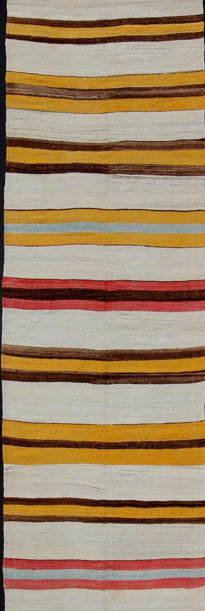 Vintage Colorful Kilim Runner With Stripe Design in Yellow, Ivory, Red & Brown Yellow, Red, Brown, light blue, gray, and Ivory Horizontal Stripe Minimalist Design Flat - Weave Kilim Runner from Turkey, rug en - 165309, country of origin / type: Tur... - Keivan Woven ArtsEN - 165309 - 10946Rug