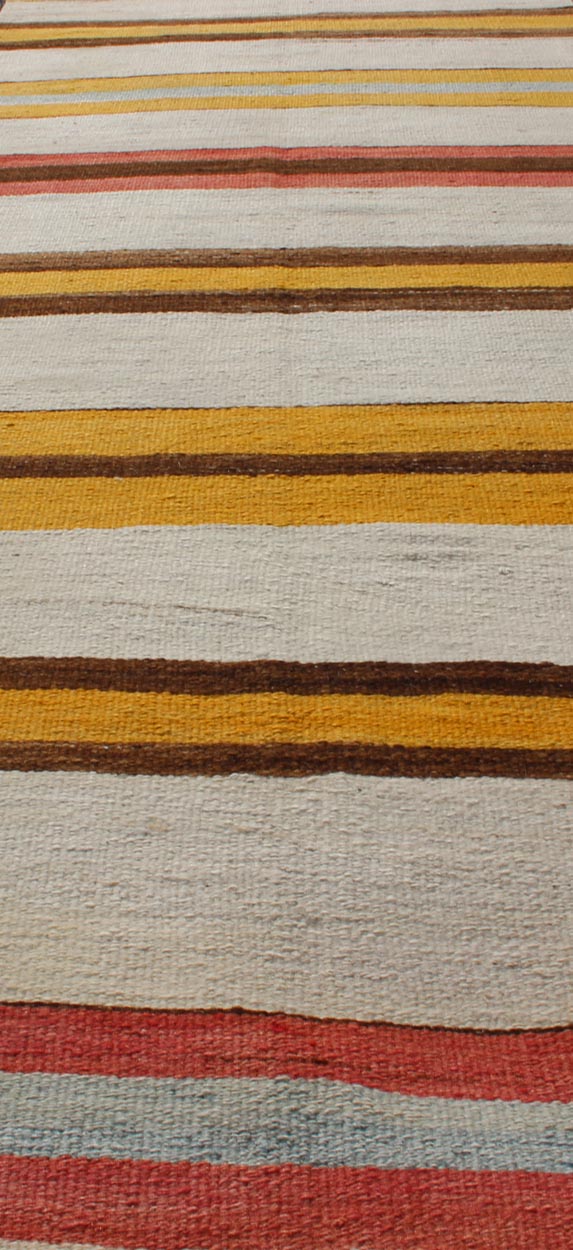 Vintage Colorful Kilim Runner With Stripe Design in Yellow, Ivory, Red & Brown Yellow, Red, Brown, light blue, gray, and Ivory Horizontal Stripe Minimalist Design Flat - Weave Kilim Runner from Turkey, rug en - 165309, country of origin / type: Tur... - Keivan Woven ArtsEN - 165309 - 10946Rug
