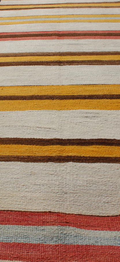 Vintage Colorful Kilim Runner With Stripe Design in Yellow, Ivory, Red & Brown Yellow, Red, Brown, light blue, gray, and Ivory Horizontal Stripe Minimalist Design Flat - Weave Kilim Runner from Turkey, rug en - 165309, country of origin / type: Tur... - Keivan Woven ArtsEN - 165309 - 10946Rug