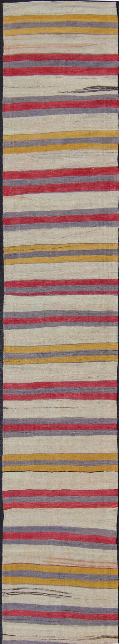 Yellow, red, ivory, and gray stripe design flat - weave vintage runner from Turkey, rug en - 165311, country of origin / type: Iran / Kilim, circa 1950. Featuring a dynamic stripe design, this unique 1950s Kilim runner showcases an array of vibrant ... - Keivan Woven ArtsEN - 165311 - 10950Rug