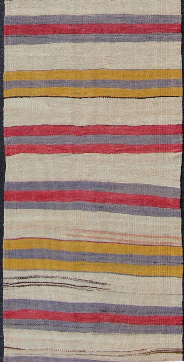 Yellow, red, ivory, and gray stripe design flat - weave vintage runner from Turkey, rug en - 165311, country of origin / type: Iran / Kilim, circa 1950. Featuring a dynamic stripe design, this unique 1950s Kilim runner showcases an array of vibrant ... - Keivan Woven ArtsEN - 165311 - 10950Rug