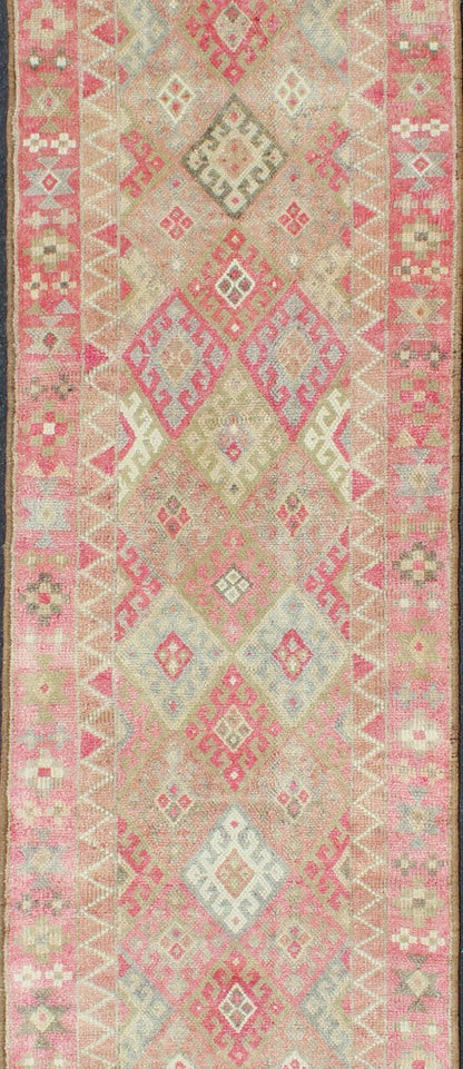 Geometric Kurdish Design Vintage Runner from Turkey in Pink, Red & Green Colors. Unique Runner in Light Green, pink red colored Turkish runner in Kurdish design, rug en - 165332, country of origin / type: Turkey / Turkish. This runner from... - Keivan Woven ArtsEN - 165332 - 11365Rug