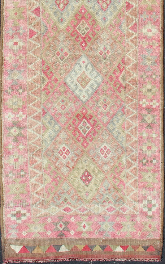 Geometric Kurdish Design Vintage Runner from Turkey in Pink, Red & Green Colors. Unique Runner in Light Green, pink red colored Turkish runner in Kurdish design, rug en - 165332, country of origin / type: Turkey / Turkish. This runner from... - Keivan Woven ArtsEN - 165332 - 11365Rug
