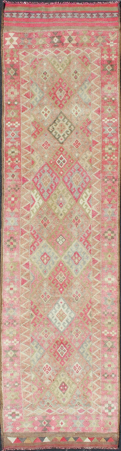 Geometric Kurdish Design Vintage Runner from Turkey in Pink, Red & Green Colors. Unique Runner in Light Green, pink red colored Turkish runner in Kurdish design, rug en - 165332, country of origin / type: Turkey / Turkish. This runner from... - Keivan Woven ArtsEN - 165332 - 11365Rug