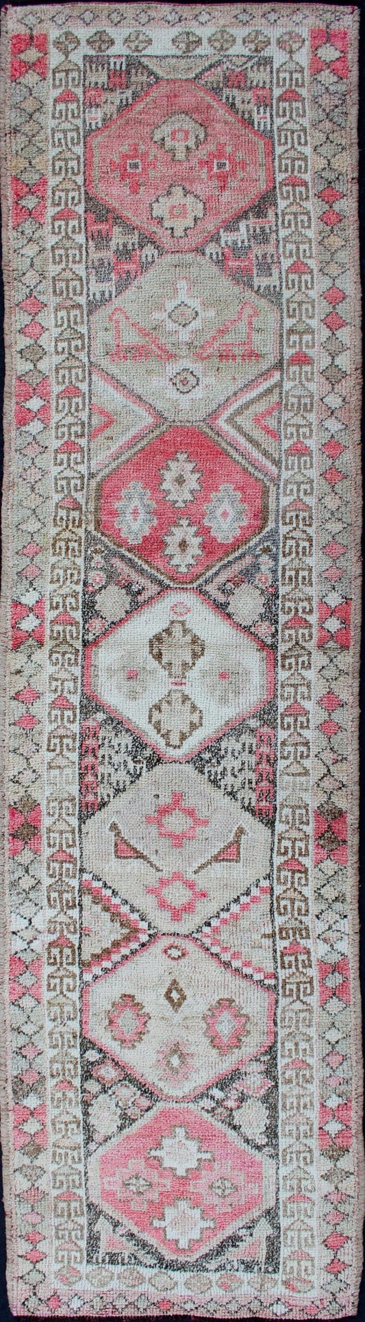 Vintage Turkish Oushak Runner with Multi - Medallion Design in Charcoal, Red Ivory Vintage Oushak runner from Turkey with Vertical Medalliondesign in multi - colors, charcoal, pink, red, and cream. Keivan Woven Arts / Rug en - 165340, country of origi... - Keivan Woven ArtsEN - 165340 - 11189Rug