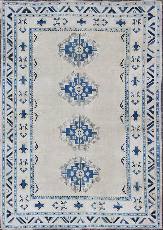 Cream and Blue Geometric Medallion Design Vintage Turkish Oushak Rug kwarugs Turkish vintage Oushak rug with Medallion geometric design in blue and cream, Keivan Woven Arts / rug en - 165347, country of origin / type: Turkey / Oushak, circa 1940 ... - Keivan Woven ArtsEN - 165347 - 9442Rug