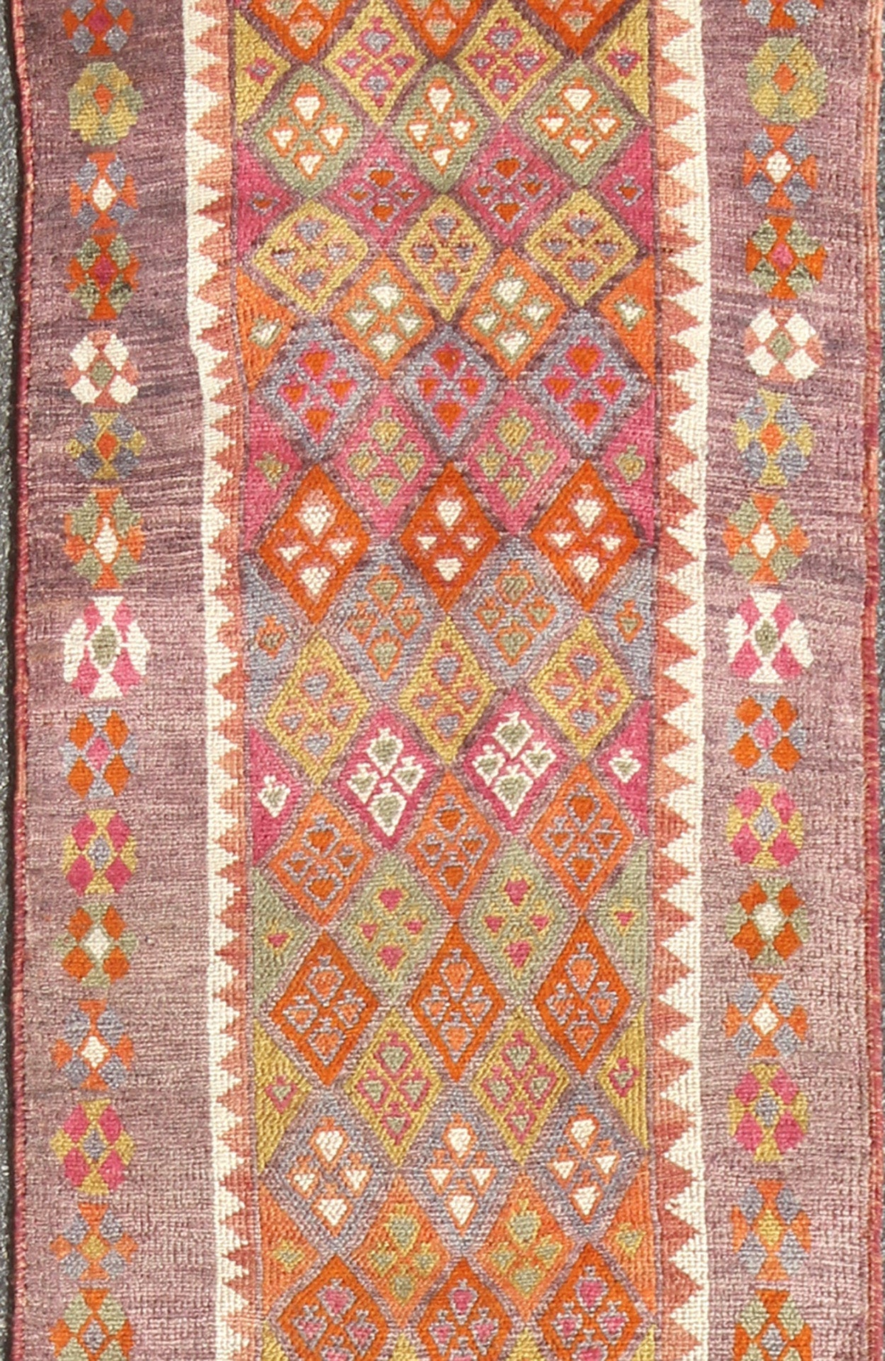 Colorful vintage Turkish oushak runner with repeating diamond geometric design, rug en - 165369, country of origin / type: Turkey / Oushak, circa 1950 This vintage Oushak runner (circa mid - 20th century) features a unique blend of colors and an int... - Keivan Woven ArtsEN - 165369 - 9022Rug
