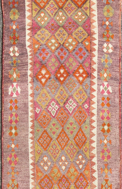 Colorful vintage Turkish oushak runner with repeating diamond geometric design, rug en - 165369, country of origin / type: Turkey / Oushak, circa 1950 This vintage Oushak runner (circa mid - 20th century) features a unique blend of colors and an int... - Keivan Woven ArtsEN - 165369 - 9022Rug