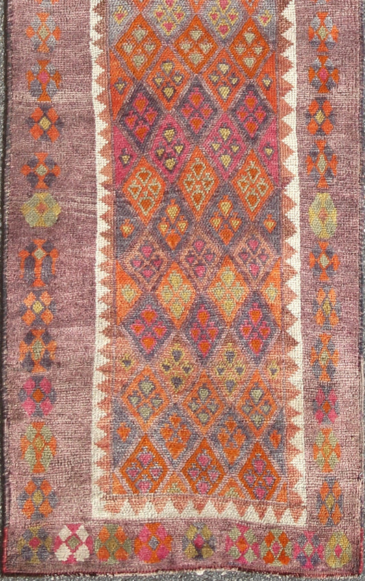 Colorful vintage Turkish oushak runner with repeating diamond geometric design, rug en - 165369, country of origin / type: Turkey / Oushak, circa 1950 This vintage Oushak runner (circa mid - 20th century) features a unique blend of colors and an int... - Keivan Woven ArtsEN - 165369 - 9022