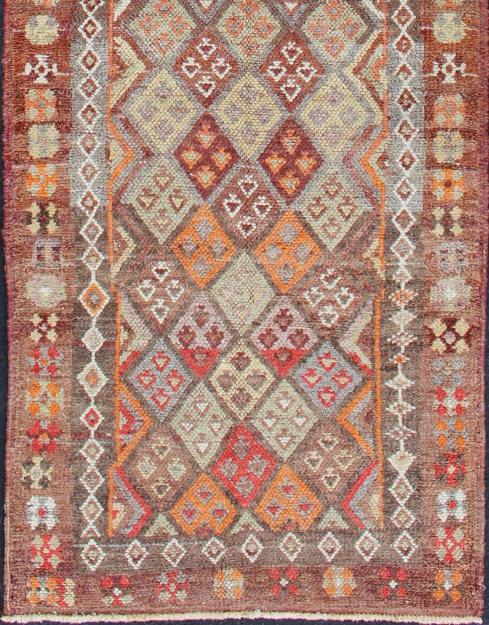 Vintage Turkish runner, from Kurdish part of Turkey with geometric diamond design in red, maroon, orange, and gray, rug en - 165561, country of origin / type: Turkey / Oushak, circa 1950. This beautiful vintage Oushak runner from 1950s Turkey feat... - Keivan Woven ArtsEN - 165561 - 11193Rug