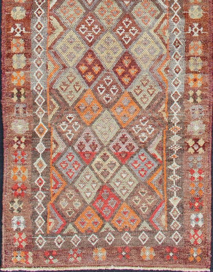 Vintage Turkish runner, from Kurdish part of Turkey with geometric diamond design in red, maroon, orange, and gray, rug en - 165561, country of origin / type: Turkey / Oushak, circa 1950. This beautiful vintage Oushak runner from 1950s Turkey feat... - Keivan Woven ArtsEN - 165561 - 11193Rug