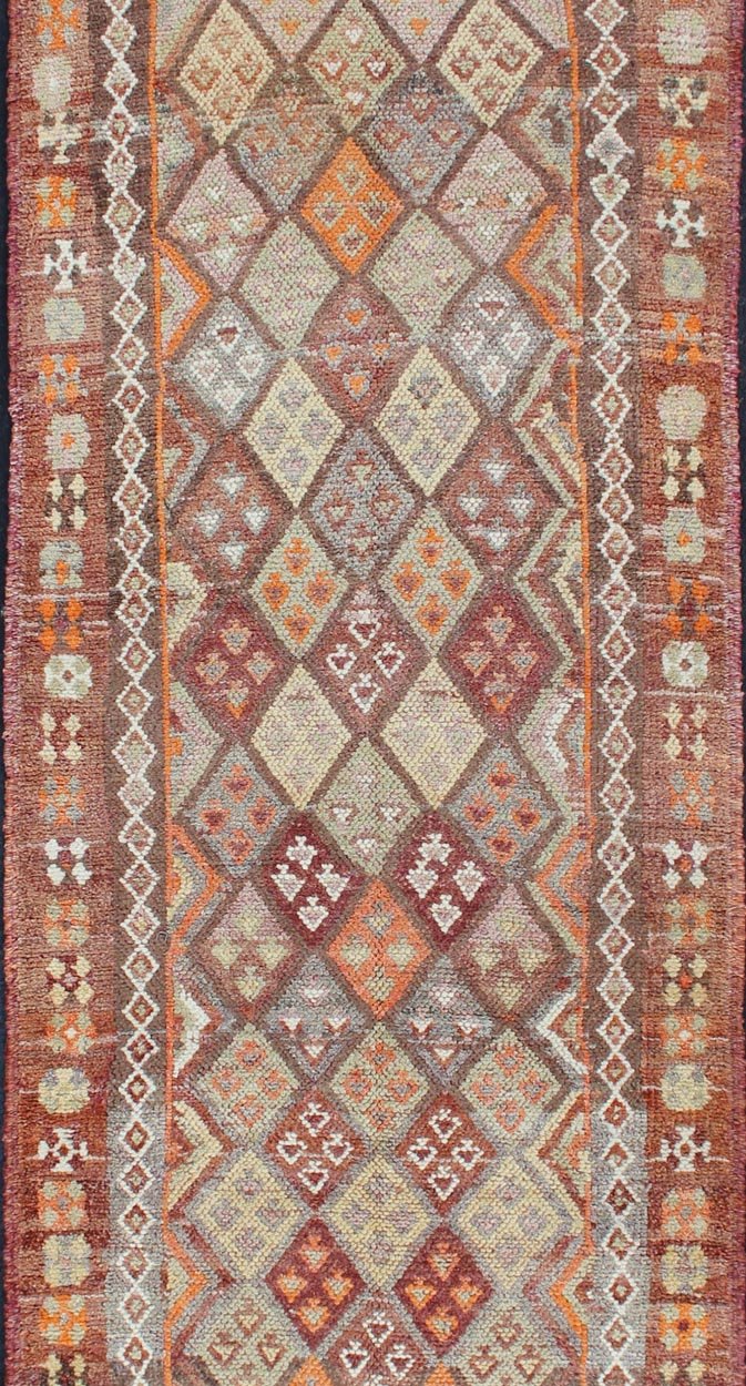 Vintage Turkish runner, from Kurdish part of Turkey with geometric diamond design in red, maroon, orange, and gray, rug en - 165561, country of origin / type: Turkey / Oushak, circa 1950. This beautiful vintage Oushak runner from 1950s Turkey feat... - Keivan Woven ArtsEN - 165561 - 11193Rug