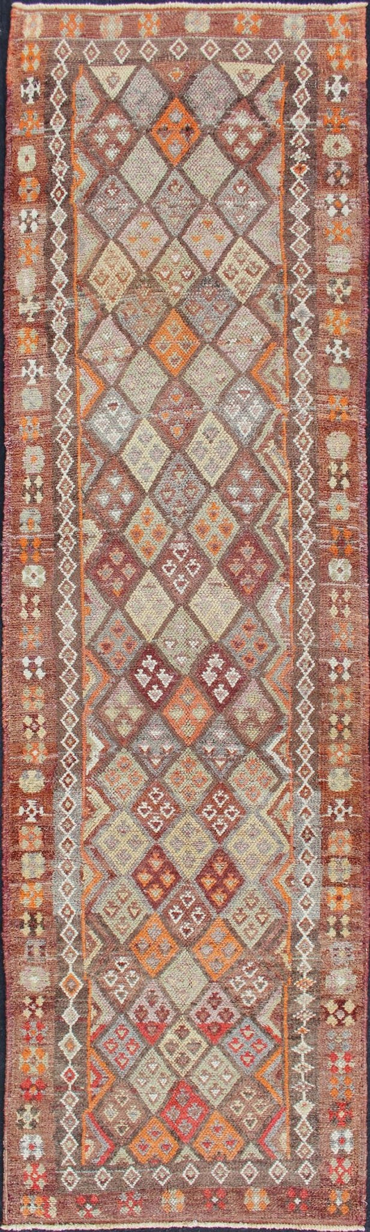 Vintage Turkish runner, from Kurdish part of Turkey with geometric diamond design in red, maroon, orange, and gray, rug en - 165561, country of origin / type: Turkey / Oushak, circa 1950. This beautiful vintage Oushak runner from 1950s Turkey feat... - Keivan Woven ArtsEN - 165561 - 11193Rug
