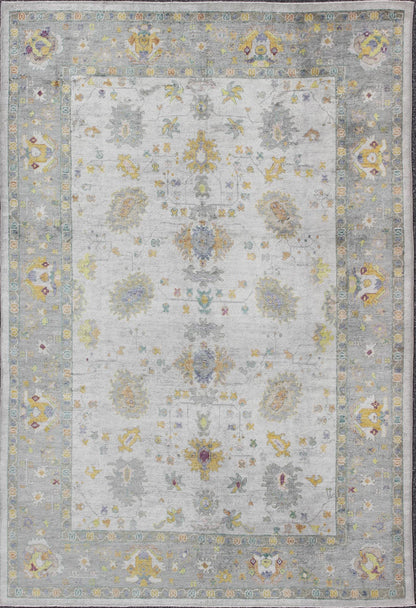 Keivan Woven Arts Turkish Oushak Rug With Hand Spun Wool in Gray Border, Ivory, Yellow Turkish Oushak Rug with Neutral Color Palette and All - Over Flower Design Measures: 10'2 x 14' Turkish Oushak Rug with Neutral Color Palette and Al... - Keivan Woven ArtsEN - 165632 - 9452Rug