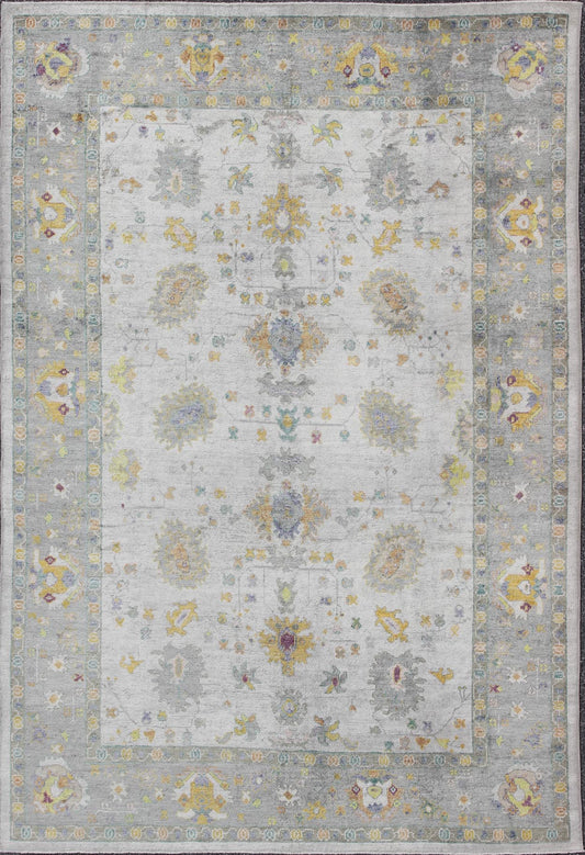 Keivan Woven Arts Turkish Oushak Rug With Hand Spun Wool in Gray Border, Ivory, Yellow Turkish Oushak Rug with Neutral Color Palette and All - Over Flower Design Measures: 10'2 x 14' Turkish Oushak Rug with Neutral Color Palette and Al... - Keivan Woven ArtsEN - 165632 - 9452Rug