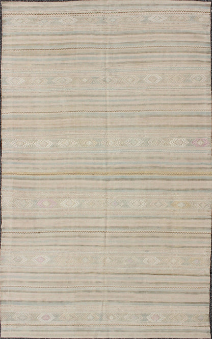 Vintage Turkish Kilim Rug With Neutral Horizontal Stripes and Geometric Designs Vintage Turkish Kilim rug with neutral horizontal stripes and geometric designs, Keivan Woven Arts / rug en - 165650, country of origin / type: Turkey / Kilim, circa 1... - Keivan Woven ArtsEN - 165650 - 9046Rug