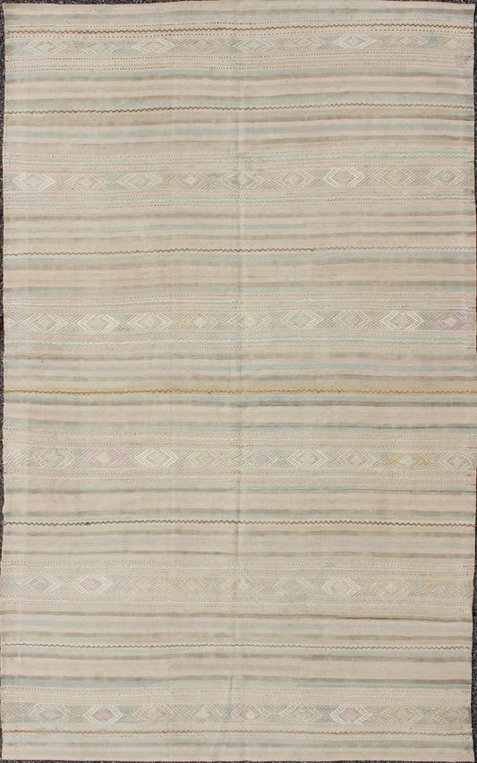 Vintage Turkish Kilim Rug With Neutral Horizontal Stripes and Geometric Designs Vintage Turkish Kilim rug with neutral horizontal stripes and geometric designs, Keivan Woven Arts / rug en - 165650, country of origin / type: Turkey / Kilim, circa 1... - Keivan Woven ArtsEN - 165650 - 9046