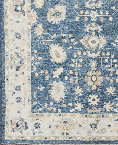 Turkish Oushak Rug in Blue Background, Neutral Colors and All - Over Design kwarugs Turkish Oushak rug in blue background with neutral color palette and all - over flower design, rug en - 165651, country of origin / type: Turkey / Oushak This t... - Keivan Woven ArtsEN - 165651 - 9050Rug