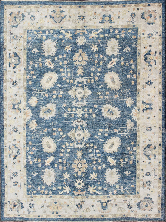 Turkish Oushak Rug in Blue Background, Neutral Colors and All - Over Design kwarugs Turkish Oushak rug in blue background with neutral color palette and all - over flower design, rug en - 165651, country of origin / type: Turkey / Oushak This t... - Keivan Woven ArtsEN - 165651 - 9050Rug