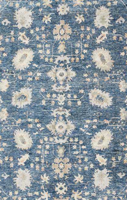 Turkish Oushak Rug in Blue Background, Neutral Colors and All - Over Design kwarugs Turkish Oushak rug in blue background with neutral color palette and all - over flower design, rug en - 165651, country of origin / type: Turkey / Oushak This t... - Keivan Woven ArtsEN - 165651 - 9050Rug