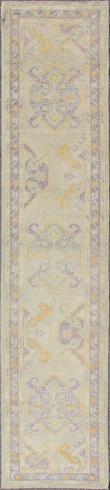 Turkish Oushak Runner with a Tribal Design in Purple, Blue and L.Green Colors kwarugs Turkish Oushak runner with purple, blue and L.Green colors and all - over Tribal design, rug en - 165660, country of origin / type: Turkey / Oushak This tra... - Keivan Woven ArtsEN - 165660 - 9060Rug