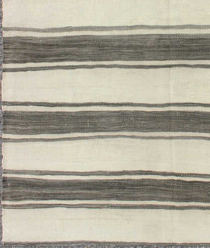 Vintage Turkish Kilim Rug with Horizontal Gray Stripes and a Modern Design kwarugs kilim Modern design vintage Turkish Kilim rug in cream with horizontal gray stripes, rug en - 165668, country of origin / type: Turkey / Kilim, circa mid - 20th centu... - Keivan Woven ArtsEN - 165668 - 9068Rug