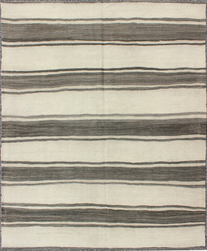 Vintage Turkish Kilim Rug with Horizontal Gray Stripes and a Modern Design kwarugs kilim Modern design vintage Turkish Kilim rug in cream with horizontal gray stripes, rug en - 165668, country of origin / type: Turkey / Kilim, circa mid - 20th centu... - Keivan Woven ArtsEN - 165668 - 9068Rug