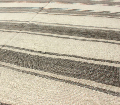 Vintage Turkish Kilim Rug with Horizontal Gray Stripes and a Modern Design kwarugs kilim Modern design vintage Turkish Kilim rug in cream with horizontal gray stripes, rug en - 165668, country of origin / type: Turkey / Kilim, circa mid - 20th centu... - Keivan Woven ArtsEN - 165668 - 9068Rug
