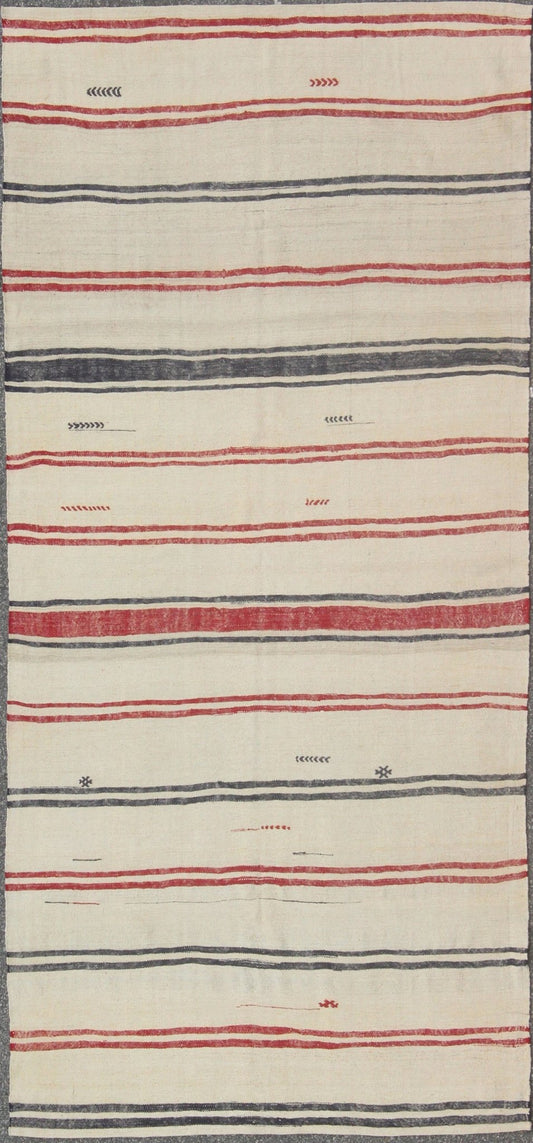 Turkish Kilim rug with horizontal stripes in red and blue, cream background, rug en - 165684, country of origin / type: Turkey / Kilim, circa 1950 Woven during the mid - 20th century in Turkey, this designer Kilim is decorated with a horizontal stri... - Keivan Woven ArtsEN - 165684 - 9072Rug