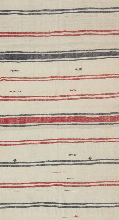Turkish Kilim rug with horizontal stripes in red and blue, cream background, rug en - 165684, country of origin / type: Turkey / Kilim, circa 1950 Woven during the mid - 20th century in Turkey, this designer Kilim is decorated with a horizontal stri... - Keivan Woven ArtsEN - 165684 - 9072Rug
